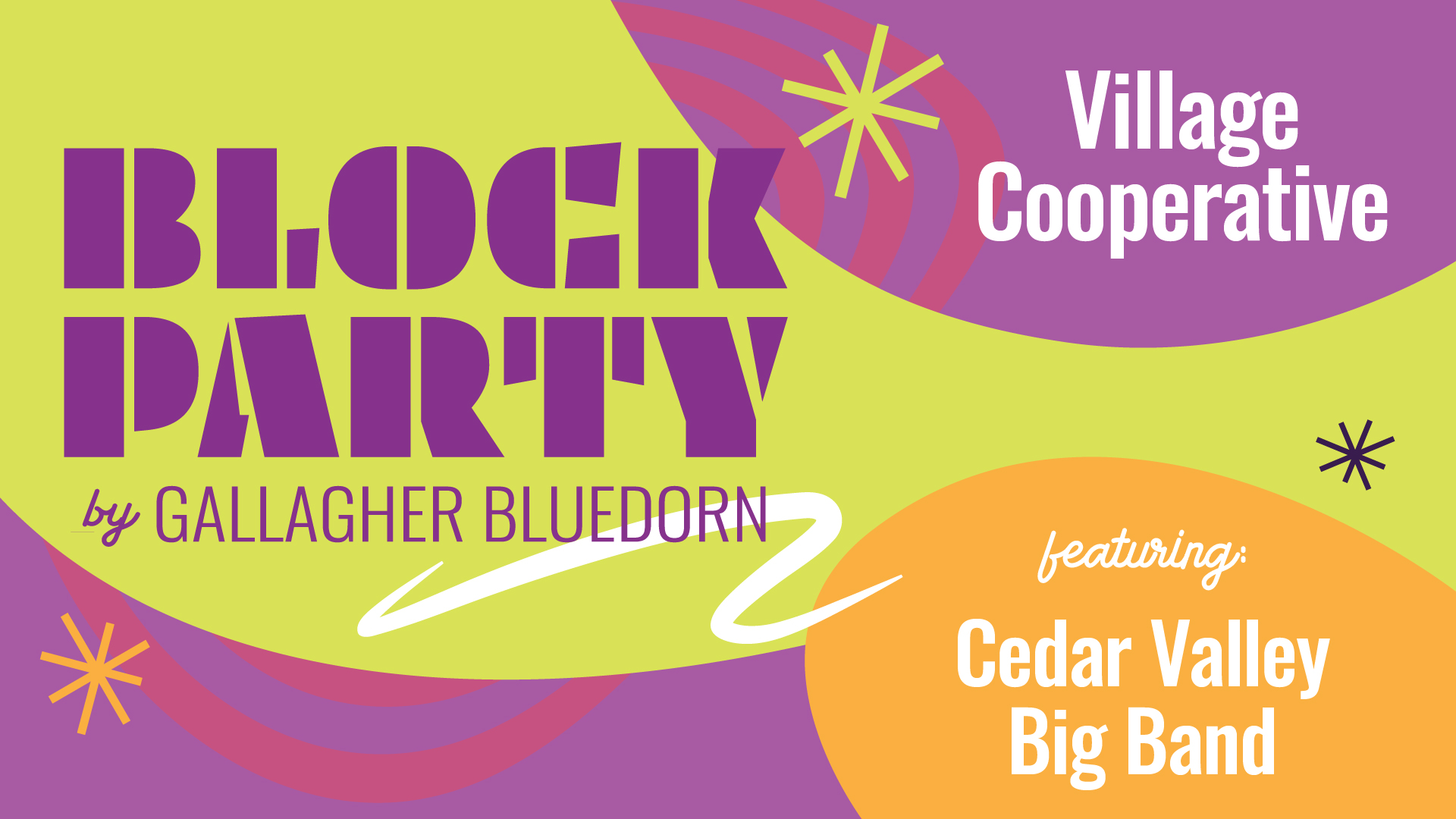 Purple and Green Text Block Party Graphic Cedar Valley Big Band