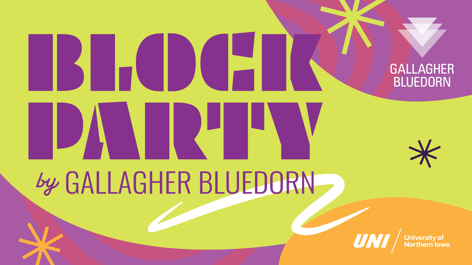 Text reads "BLOCK PARTY by Gallagher Bluedorn" on a playful background of lime green, orange, and purple with accenting starburst shapes