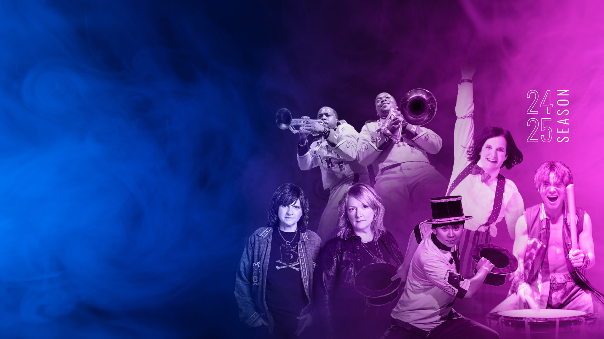 Collage of artists on a purple and blue smokey background 