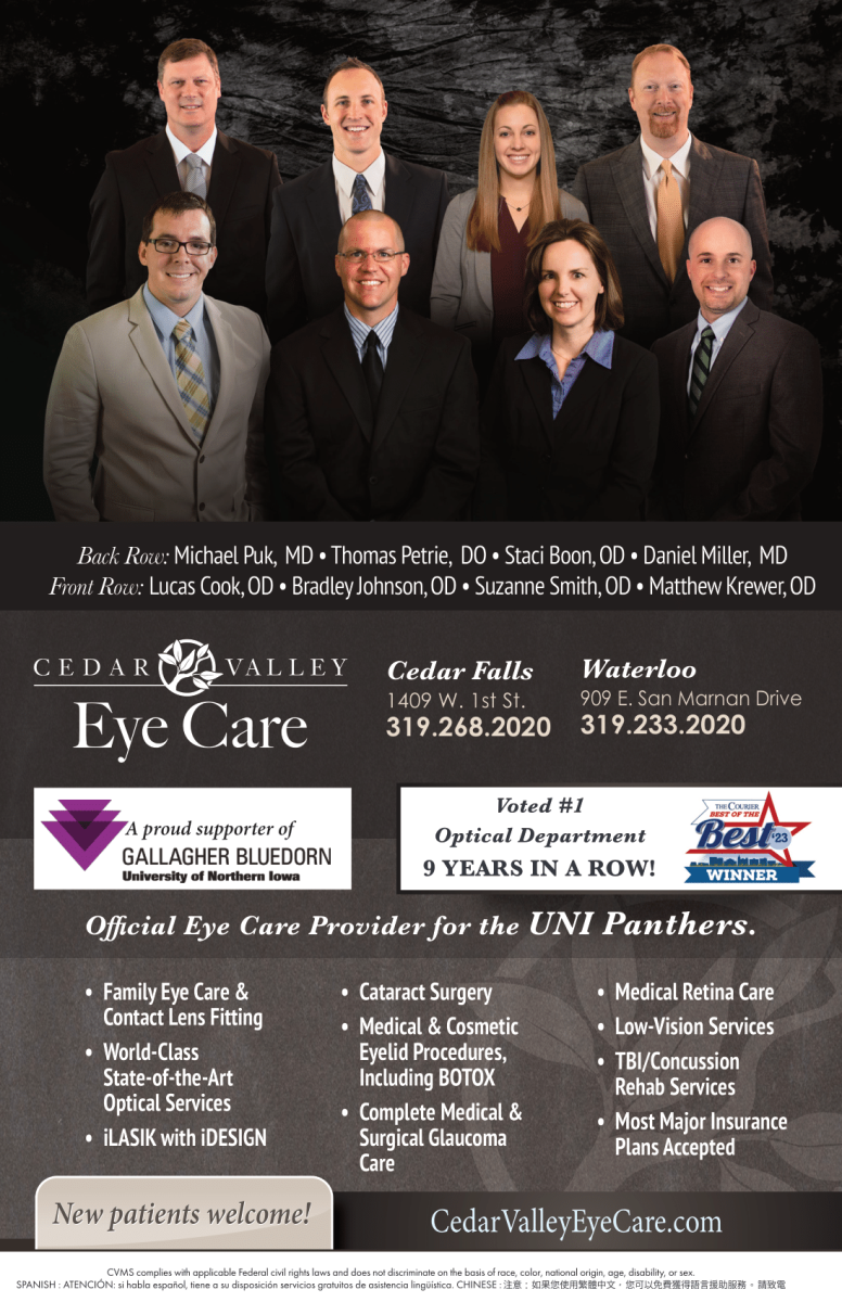 official eye care provider for the UNI panthers, Cedar Valley eye care