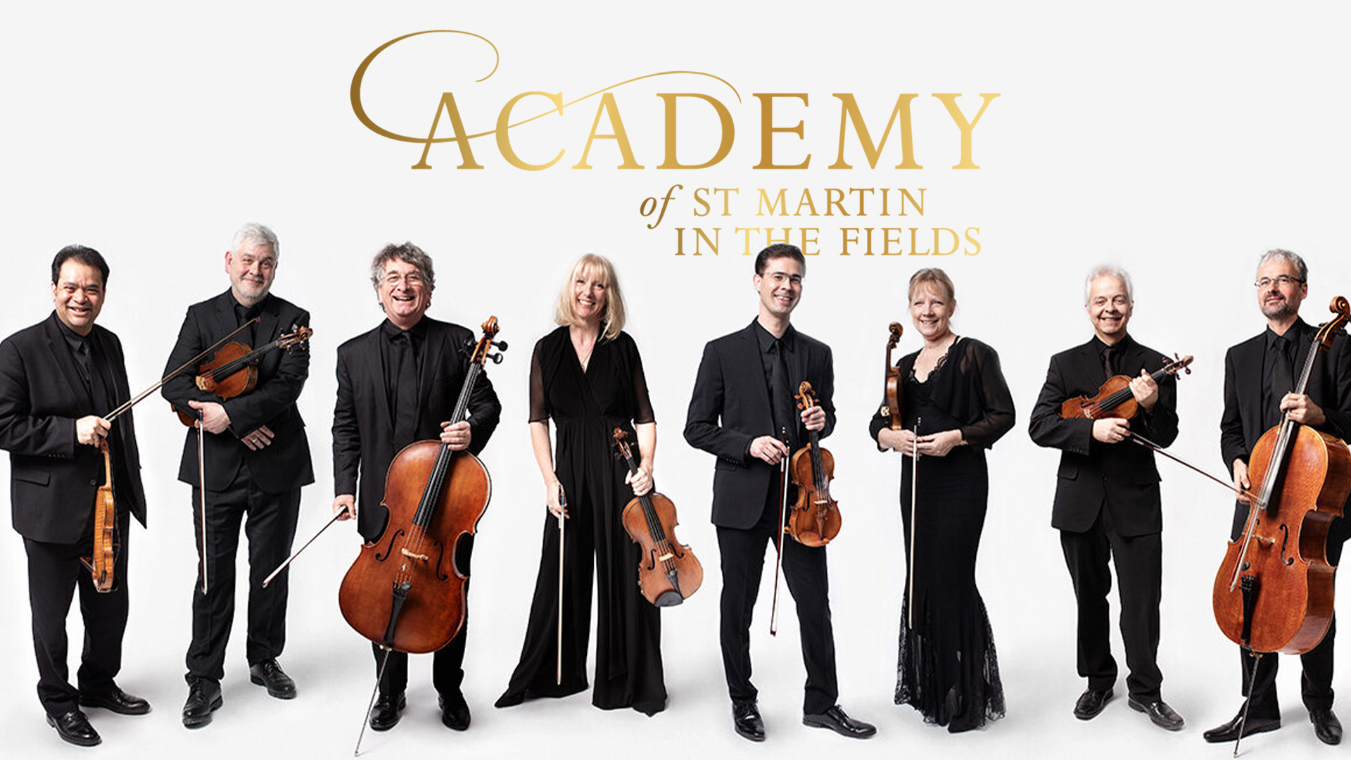 An ensemble of a diverse group of people dressed in black holding instruments. Text reads Academy of St Martin in the Fields