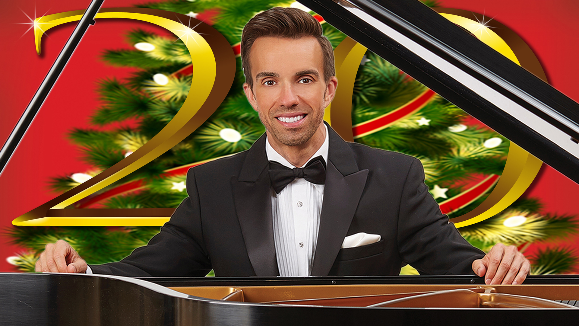 Jim McDonough at his piano with a big 20 behind him