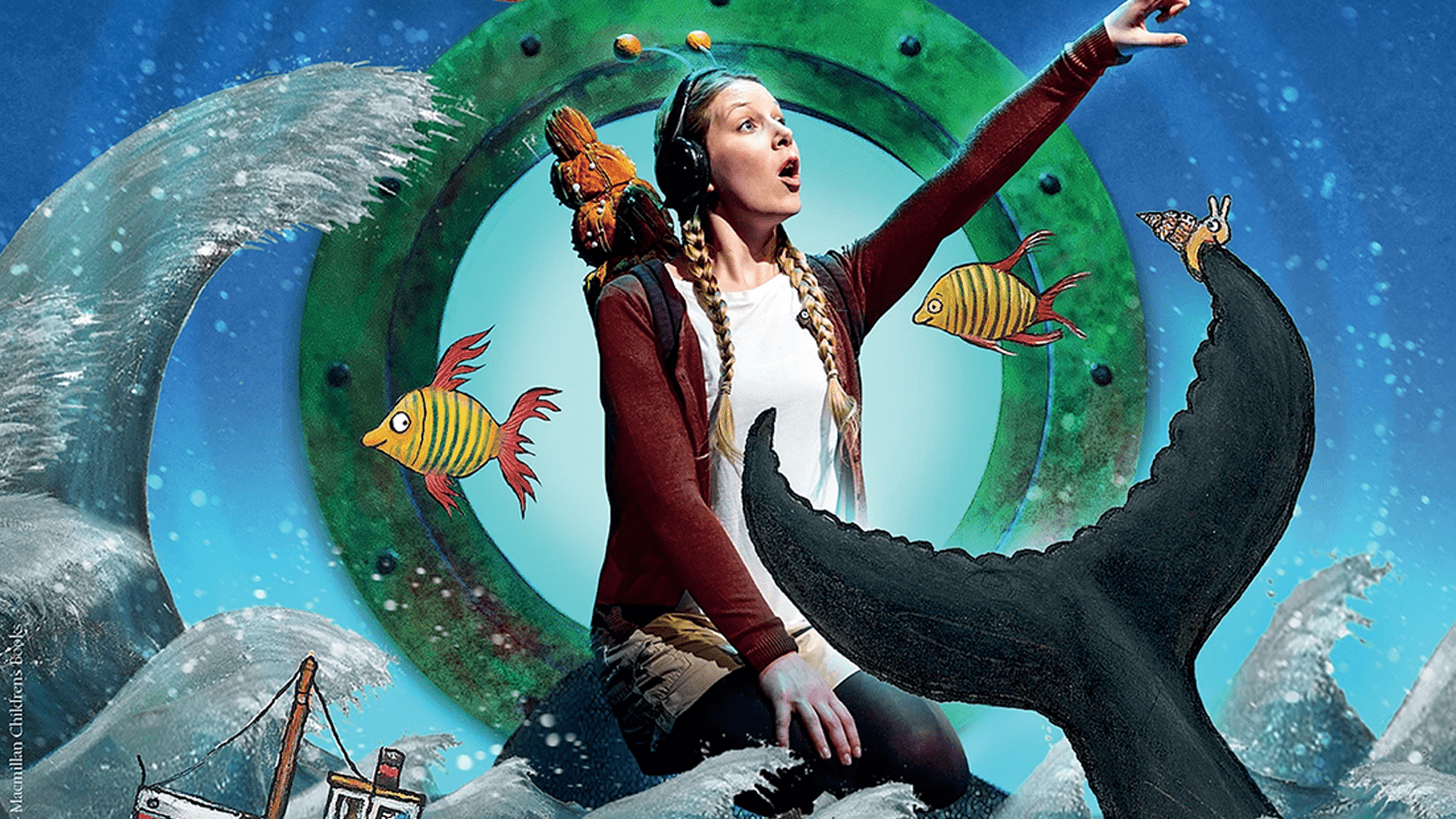 Someone wearing a snail costume points off to the side. The person is in a sea background with a ship and a whale.