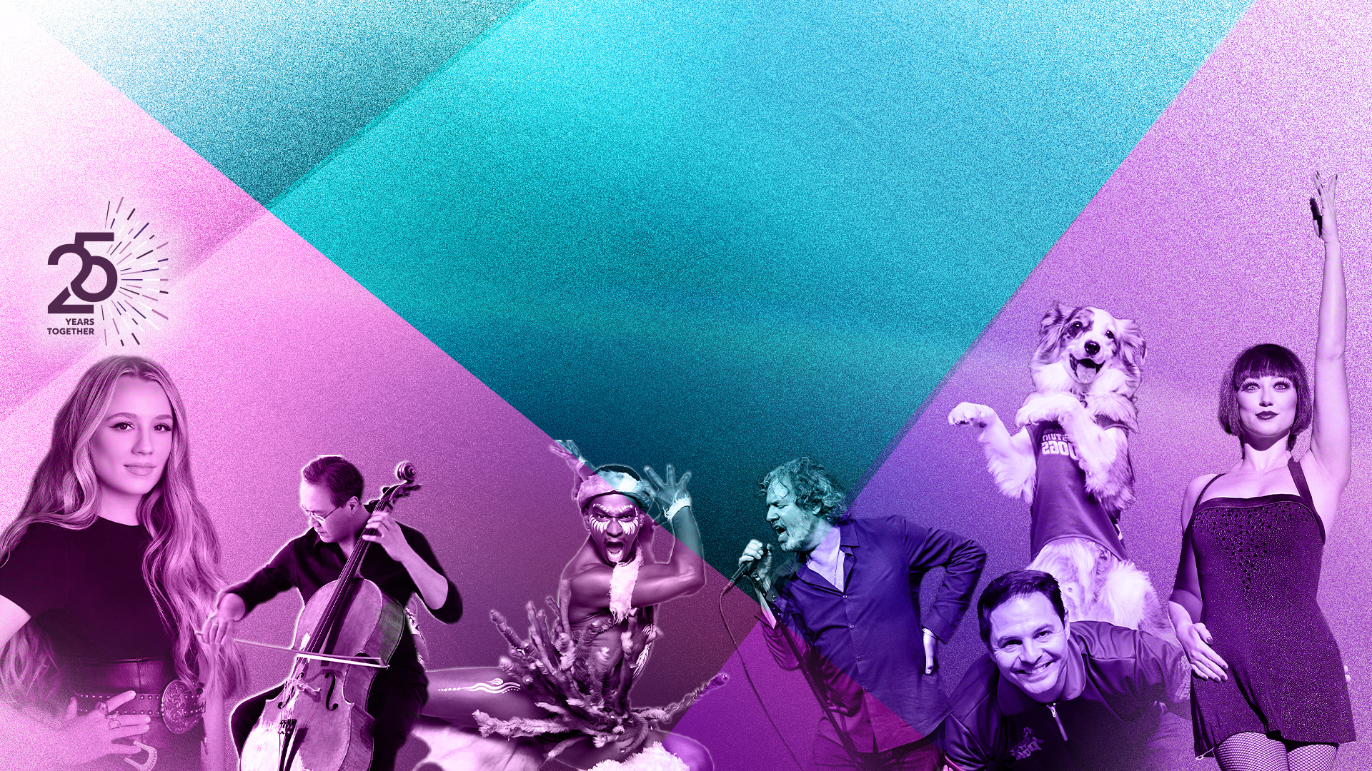 Blue and purple gradient with series of Artist Series performers, Gabby Barrett, Yo Yo Ma, Step Afrika dancer, Classic albums singer, stunt dog on back of man, and Chicago dancer