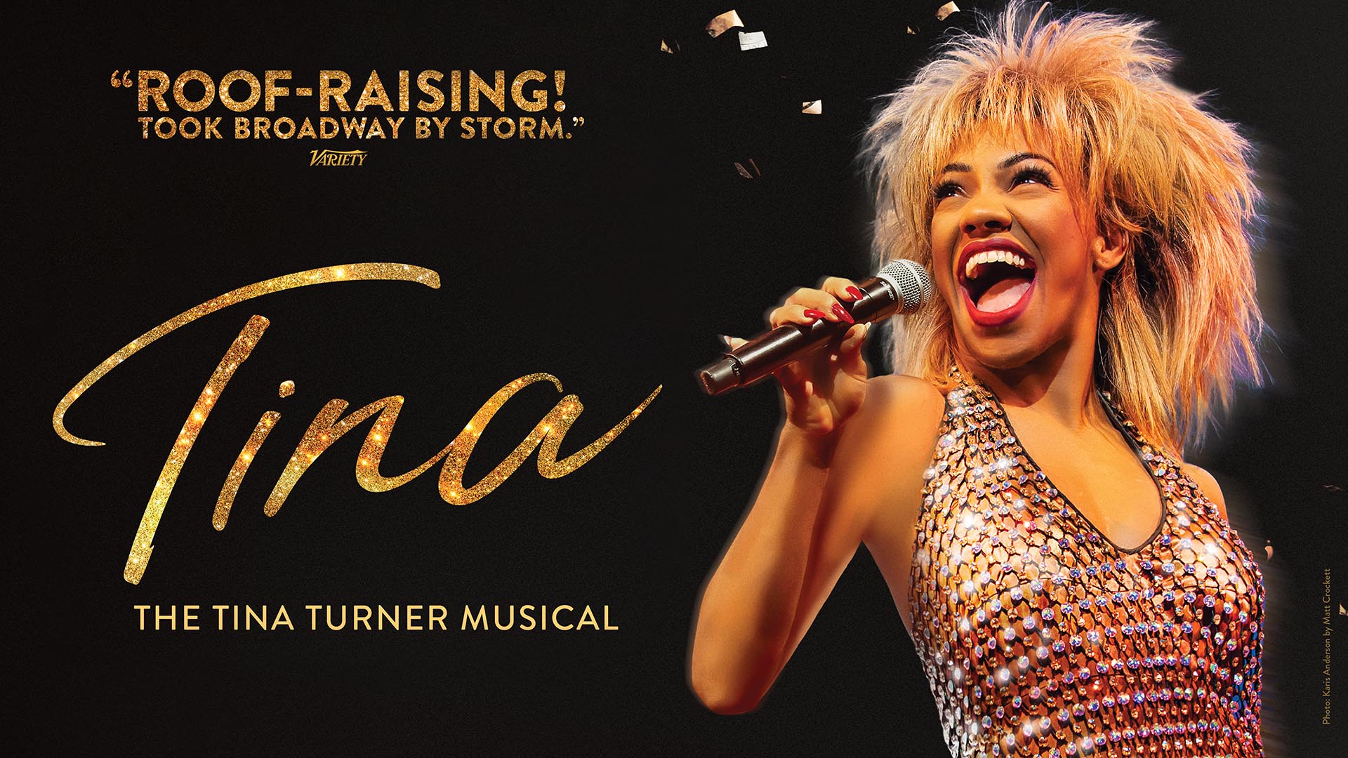 Sparkly gold text on black background reads "TINA - The Tina Turner Musical" with quote, "Roof-raising! Took Broadway by storm" next to performer in costume as Tina Turner wearing a sparkling dress, smiling and holding microphone