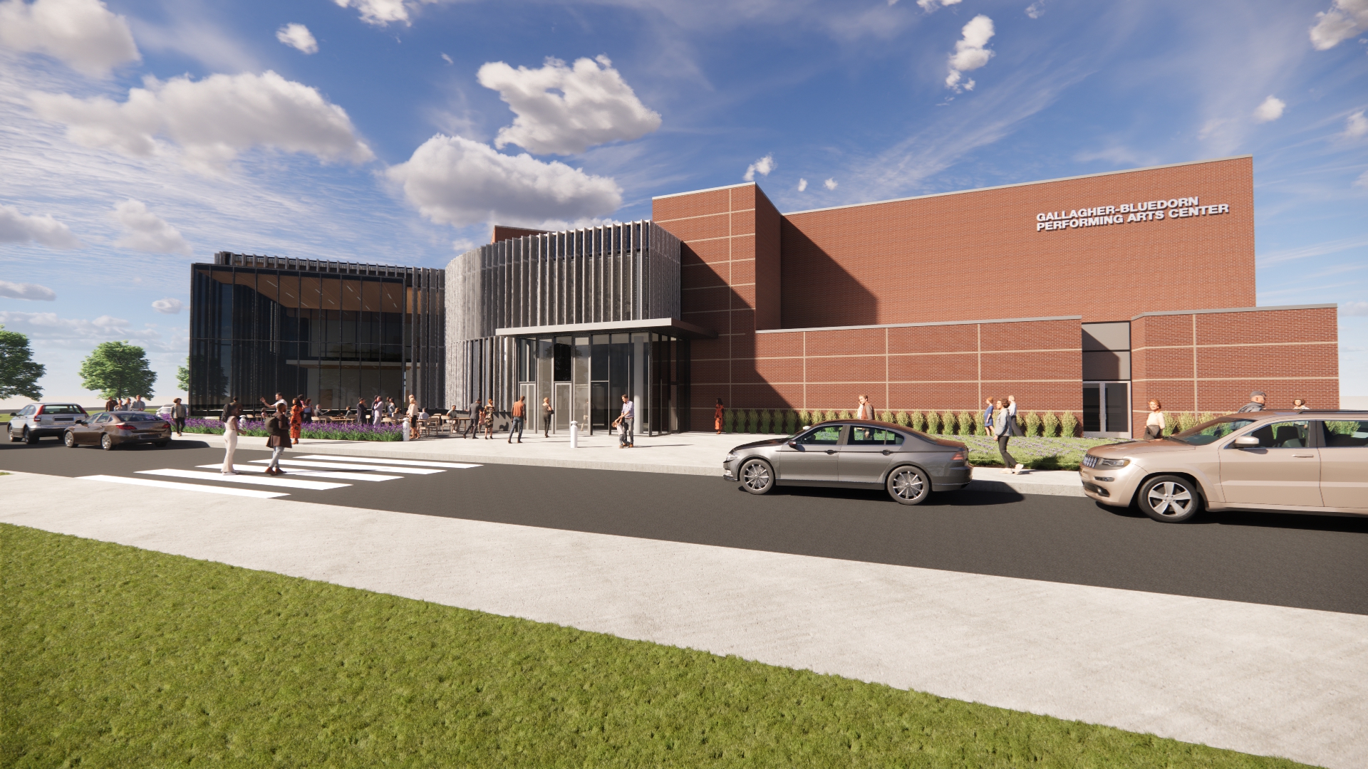 Expanded driveway leading up to the new Gallagher Bluedorn building with its signature glass facade and a new plaza entrance