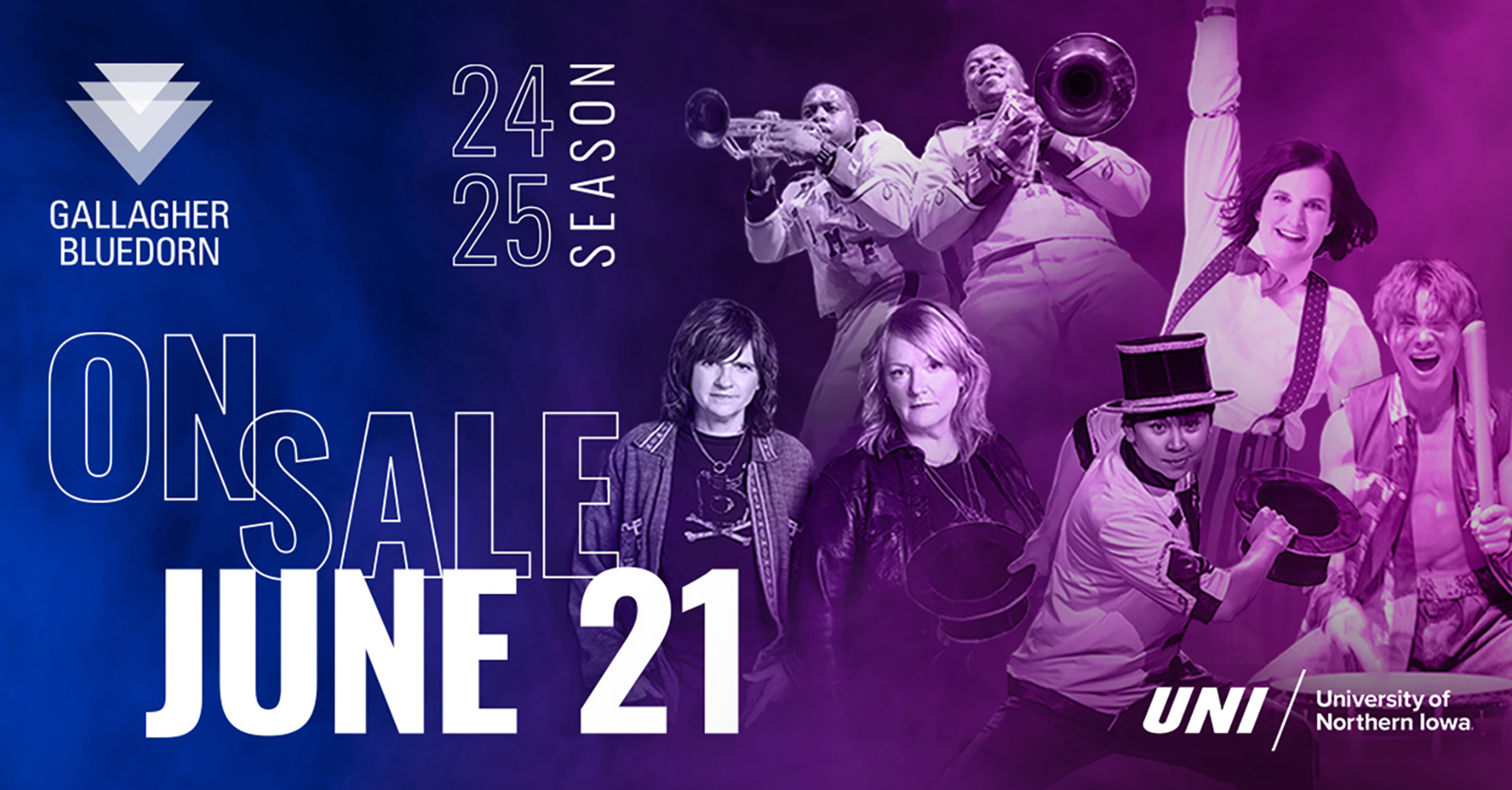 Text reads Gallagher Bluedorn 24-25 Season On Sale June 21 on a swirling blue and purple background featuring a collage of performing artists