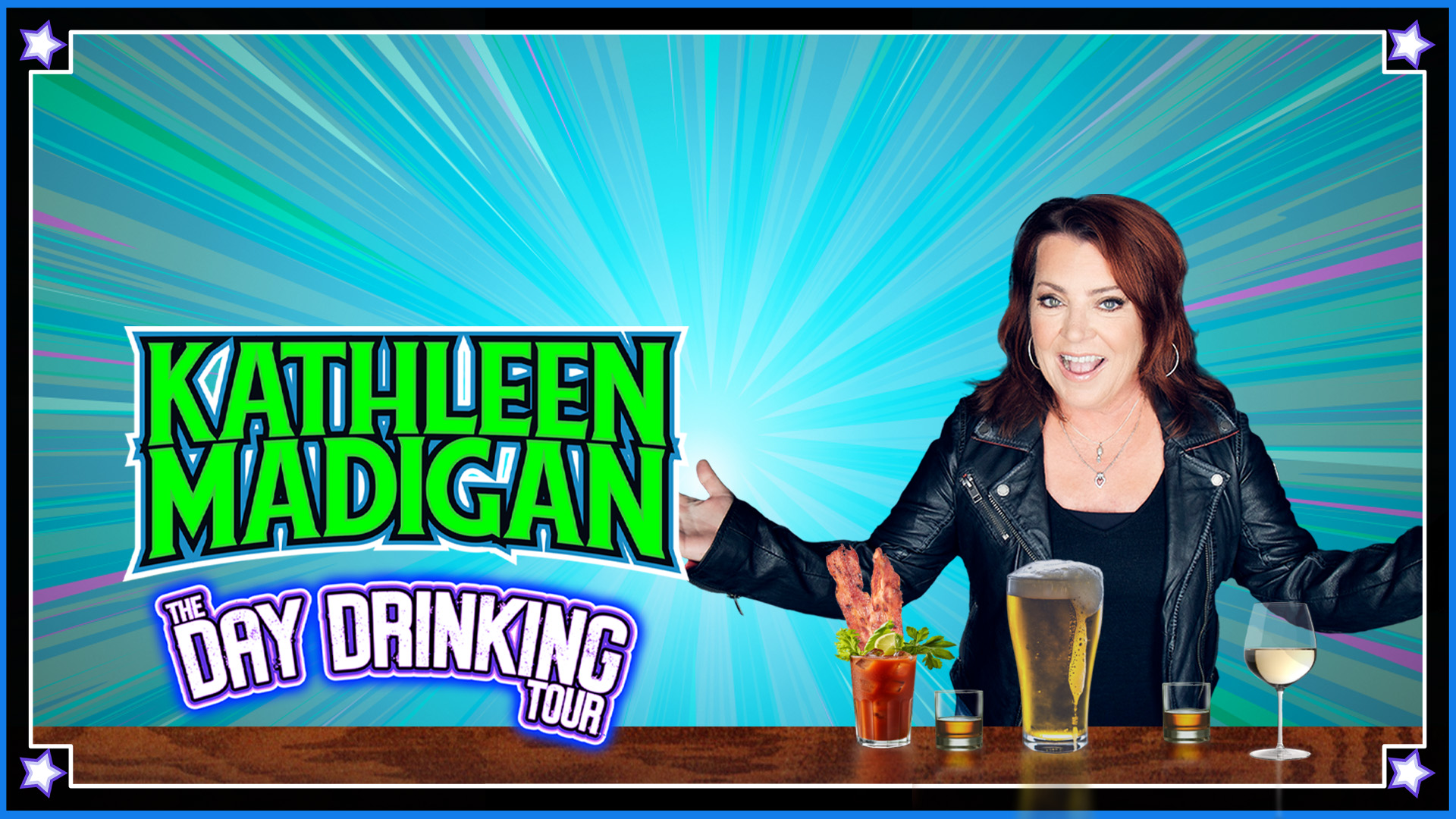 Text reads Kathleen Madigan: The Day Drinking Tour with a photo of the female comedian wearing a leather jacket and posing with outstretched arms behind a wooden bar, a line of cocktail beverages in front of her