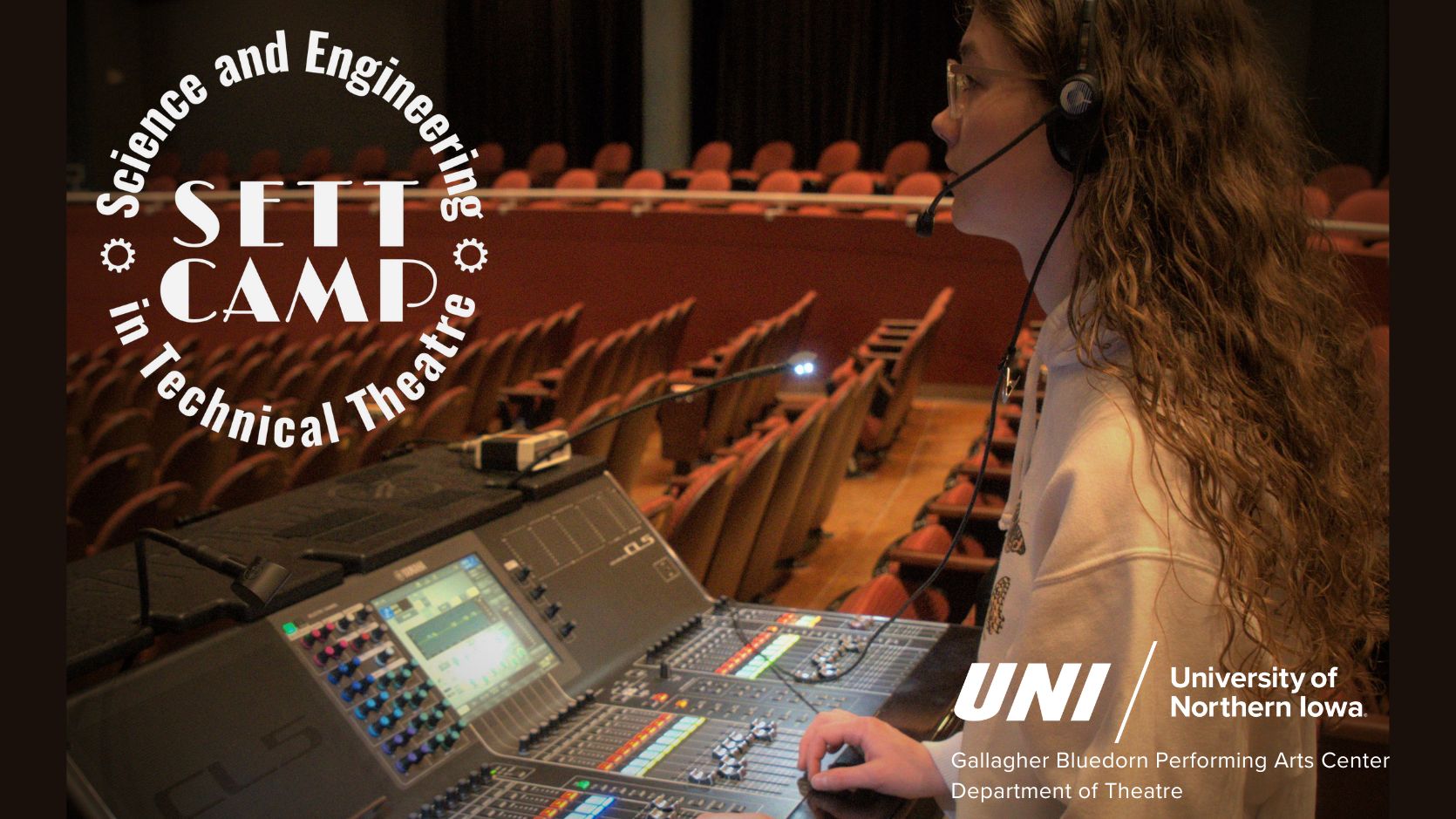 SETT Camp logo over image of a high school aged female wearing a headset operates a sound board in a theater