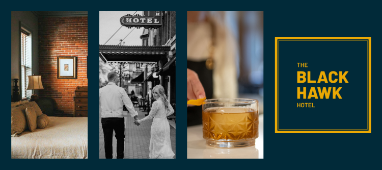 images of a hotel bed, a couple holding hands and a cocktail