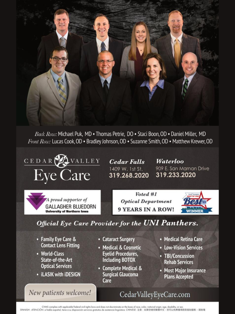 Cedar Valley Eye Care ad with image of their workers and their names