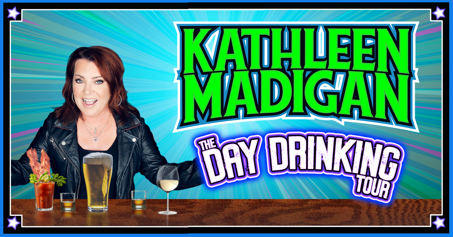 A woman is standing behind a bar with multiple alcoholic beverages on it, text reads Kathleen Madigan The Day Drinking Tour 