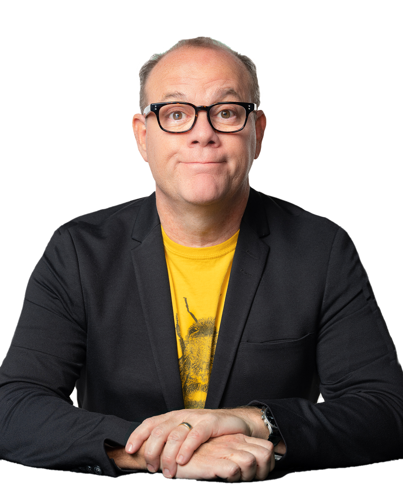 Tom Papa in blazer with yellow shirt