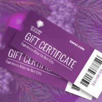 Illustrated gift certificates on a purple background with holiday garland and ornaments