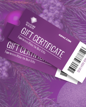 Illustrated gift certificates on a purple background with holiday garland and ornaments