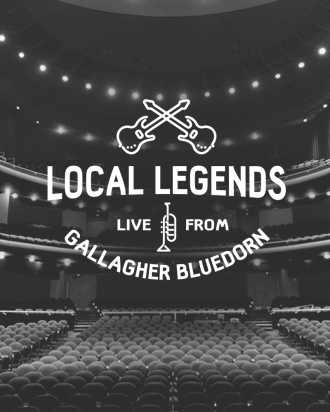 Black and white image of the open hall with white text that reads Local Legends Live from Gallagher Bluedorn