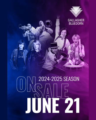 Text reads Gallagher Bluedorn 24-25 Season On Sale June 21 on a swirling blue and purple background featuring a collage of performing artists