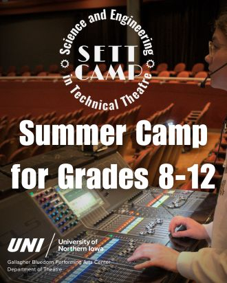 SETT Camp logo over image of hands on a sound board in a theater