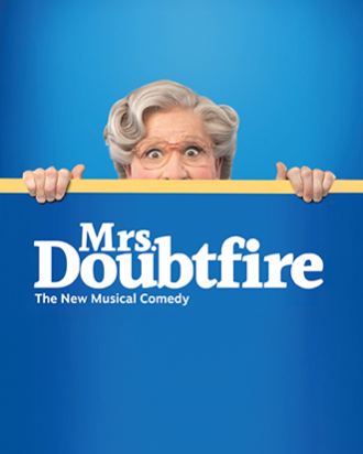 A lady with glasses with her eyes open wide behind the text reading Mrs. Doubtfire