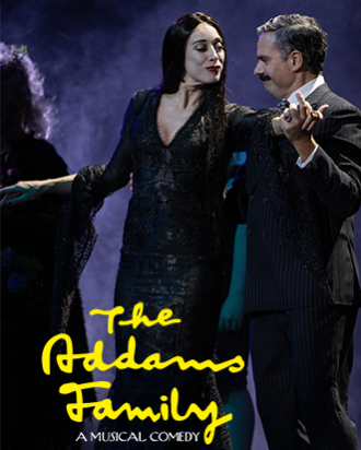 Two characters dressed in a black dress and a black suit dancing together