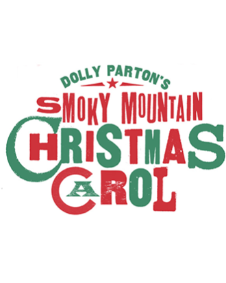 Vintage-style illustrated graphic promoting 'Dolly Parton’s Smoky Mountain Christmas Carol,' showing a log cabin surrounded by pine trees and mountains, with red and green text and whimsical clouds above. Performance dates, December 12–13, 2025, are displayed below the title.