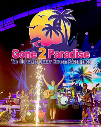 A band playing in summer gear with a colorful beach background wearing colorful beach clothes