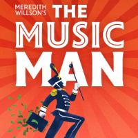 Text reads: Meredith Willson's The Music Man on a vibrant red background with an illustration of a man in marching band uniform carrying a briefcase with cash scattering from it