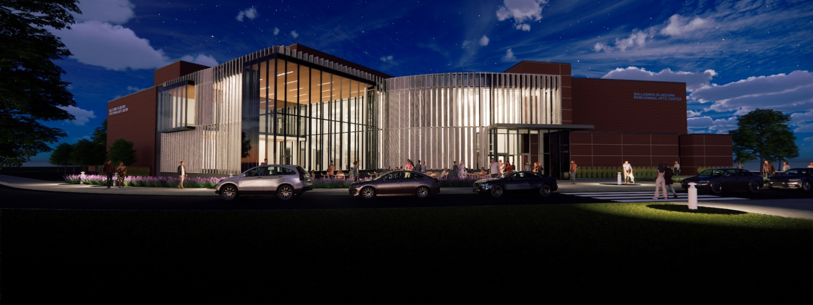Dusk rendering of the buidling with lots of outdoor light and a large glass facade
